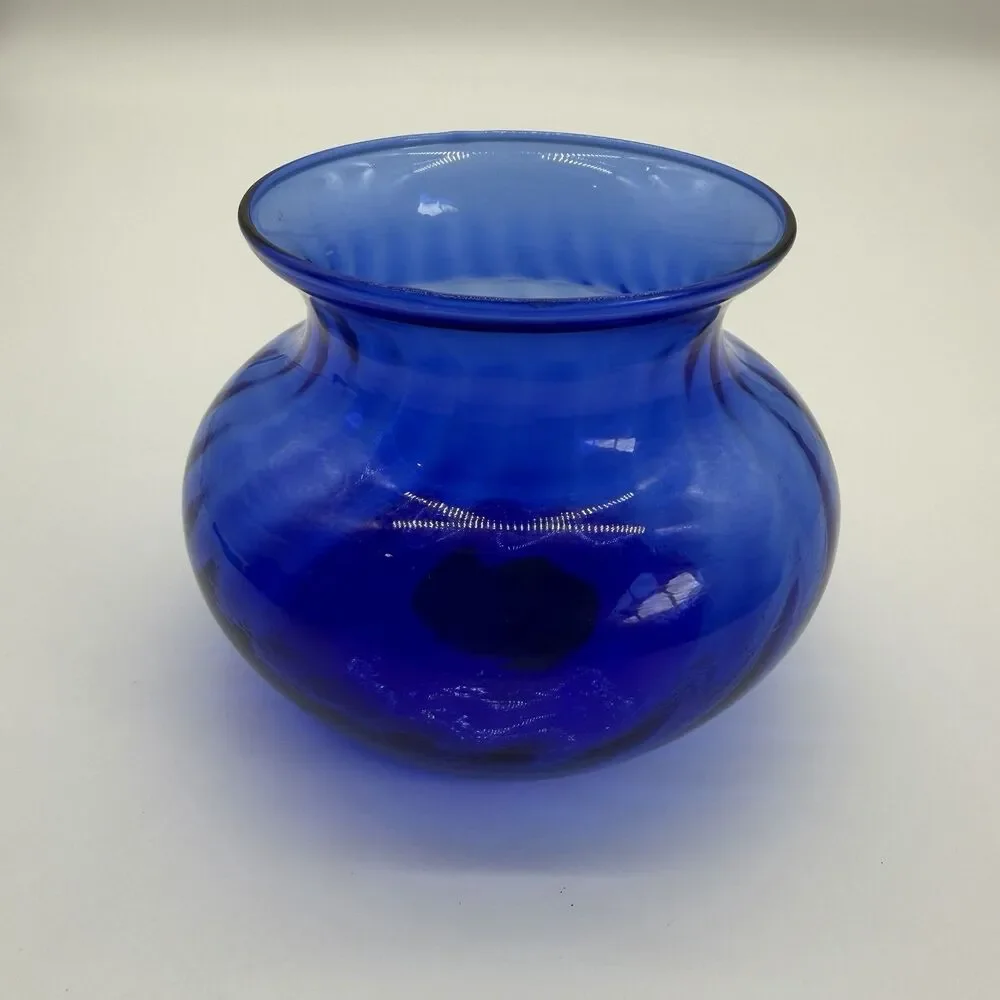 Vintage Cobalt Blue Wide Mouth Glass Vase Swirls 4